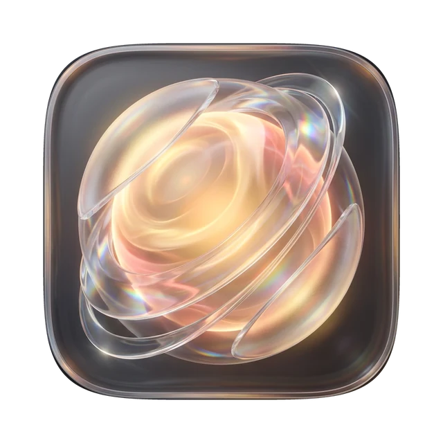 The Solaise AI app icon: a glowing amber and rose glass orb wrapped in translucent rings.